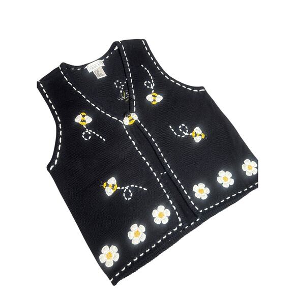 Vintage 90s Mandal Bay Bees & Daisy Flowers Knit Sweater Vest - Picture 3 of 7